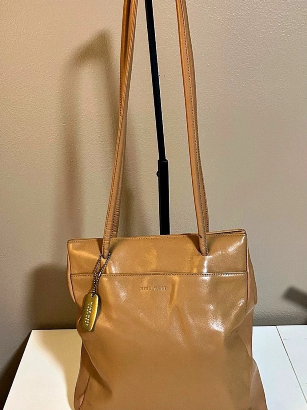 Nine West VTG Shoulder Bag Tote Purse Tan Faux Leather Y2K Medium Double Straps